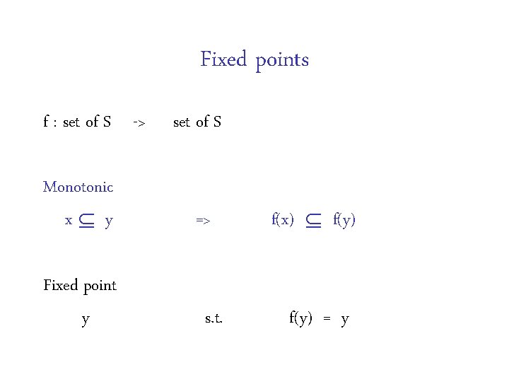 Fixed points f : set of S -> Monotonic x y Fixed point y