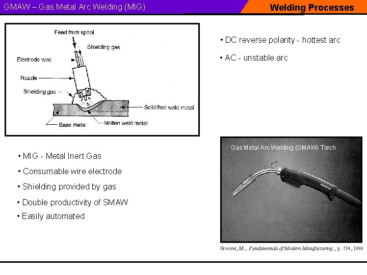 GMAW – Gas Metal Arc Welding (MIG) Welding Processes • DC reverse polarity -