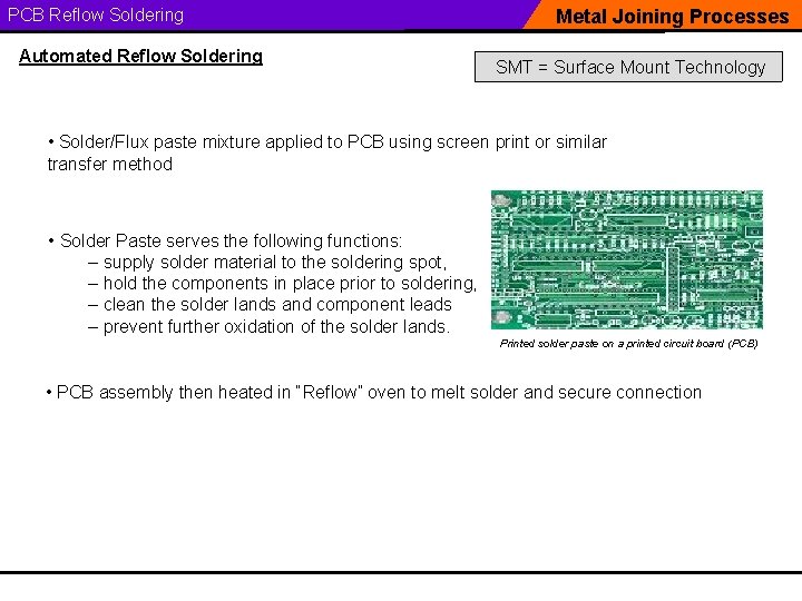 PCB Reflow Soldering Automated Reflow Soldering Metal Joining Processes SMT = Surface Mount Technology