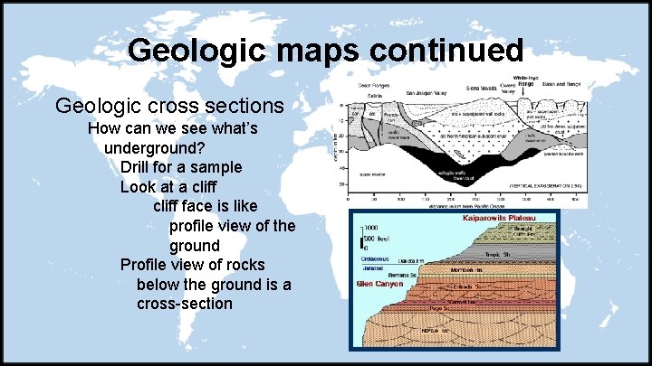 Geologic maps continued Geologic cross sections How can we see what’s underground? Drill for