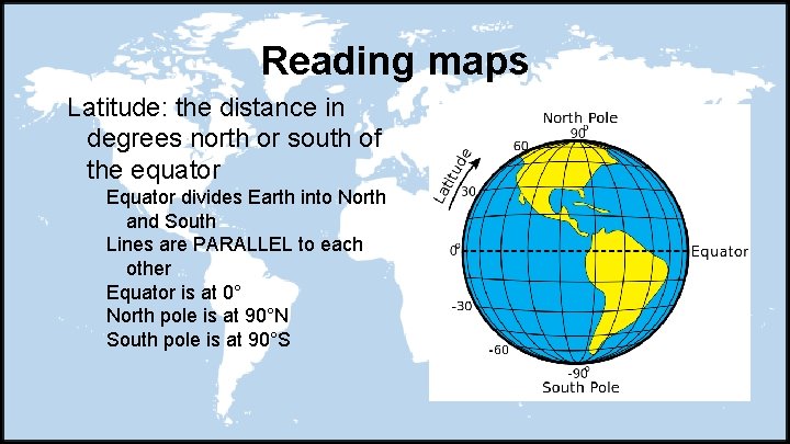 Reading maps Latitude: the distance in degrees north or south of the equator Equator