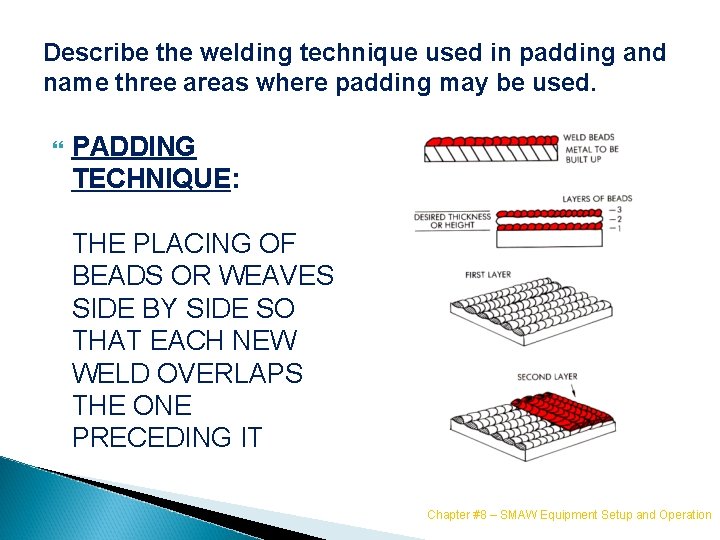 Describe the welding technique used in padding and name three areas where padding may