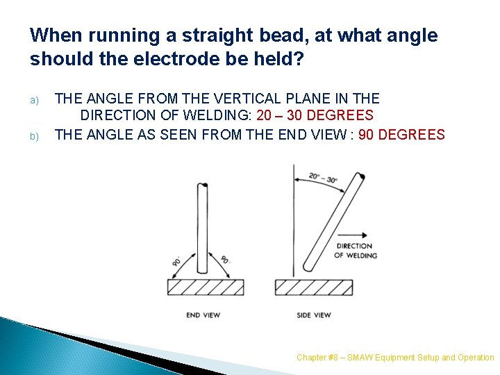 When running a straight bead, at what angle should the electrode be held? a)