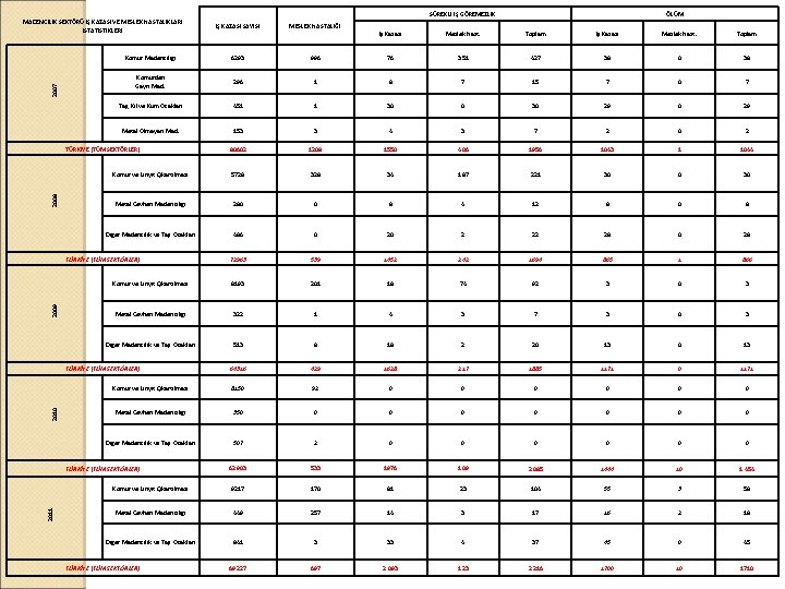 2007 MADENCİLİK SEKTÖRÜ İŞ KAZASI VE MESLEK HASTALIKLARI İSTATİSTİKLERİ MESLEK HASTALIĞI Kömür Madenciliği 6293