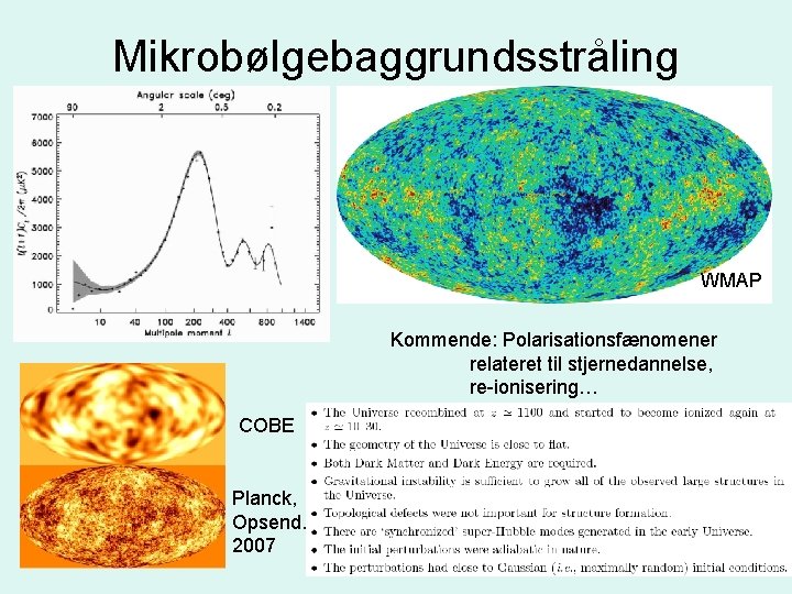 Mikrobølgebaggrundsstråling WMAP Kommende: Polarisationsfænomener relateret til stjernedannelse, re-ionisering… COBE Planck, Opsend. 2007 