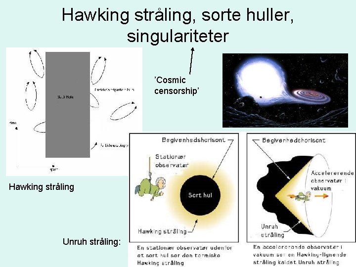 Hawking stråling, sorte huller, singulariteter ’Cosmic censorship’ Hawking stråling Unruh stråling: 