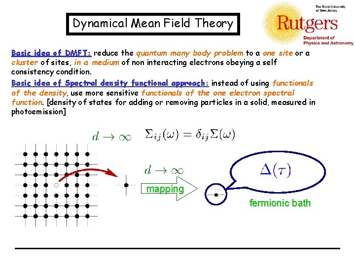 Dynamical Mean Field Theory Basic idea of DMFT: reduce the quantum many body problem