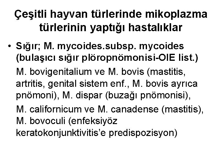 Çeşitli hayvan türlerinde mikoplazma türlerinin yaptığı hastalıklar • Sığır; M. mycoides. subsp. mycoides (bulaşıcı