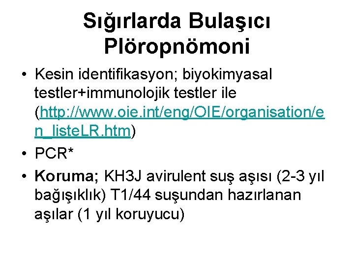 Sığırlarda Bulaşıcı Plöropnömoni • Kesin identifikasyon; biyokimyasal testler+immunolojik testler ile (http: //www. oie. int/eng/OIE/organisation/e