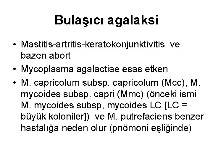 Bulaşıcı agalaksi • Mastitis-artritis-keratokonjunktivitis ve bazen abort • Mycoplasma agalactiae esas etken • M.