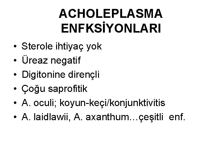 ACHOLEPLASMA ENFKSİYONLARI • • • Sterole ihtiyaç yok Üreaz negatif Digitonine dirençli Çoğu saprofitik