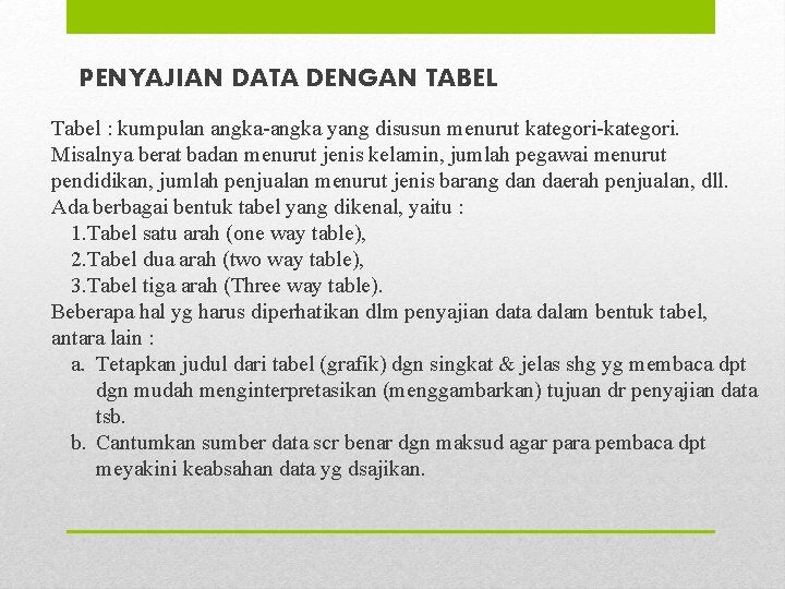 PENYAJIAN DATA DENGAN TABEL Tabel : kumpulan angka-angka yang disusun menurut kategori-kategori. Misalnya berat