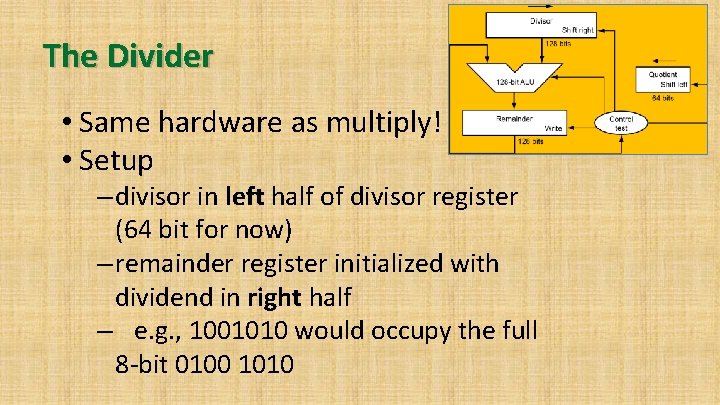 The Divider • Same hardware as multiply! • Setup – divisor in left half