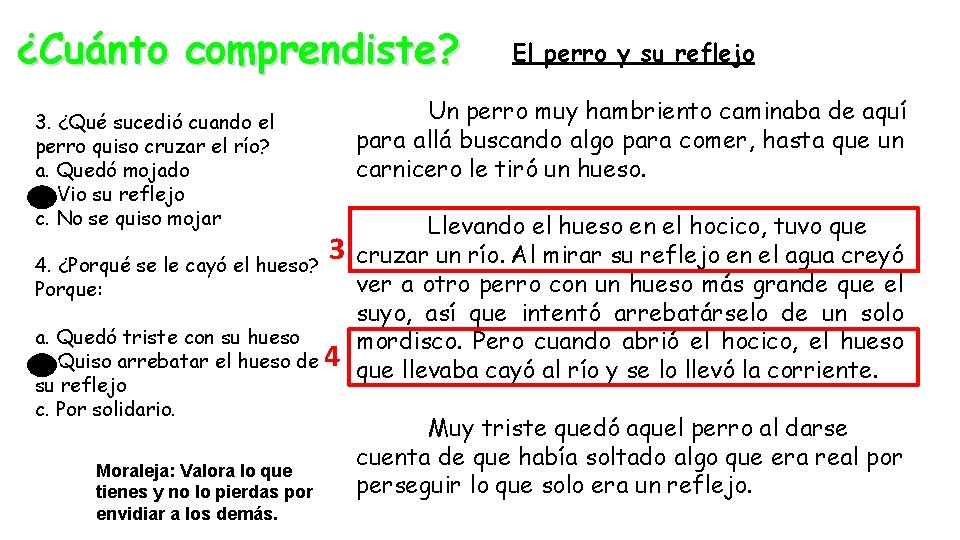 ¿Cuánto comprendiste? 3. ¿Qué sucedió cuando el perro quiso cruzar el río? a. Quedó