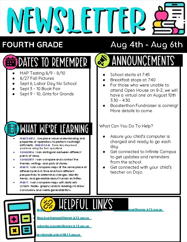 Aug 4 th - Aug 6 th FOURTH GRADE ● ● ● MAP Testing