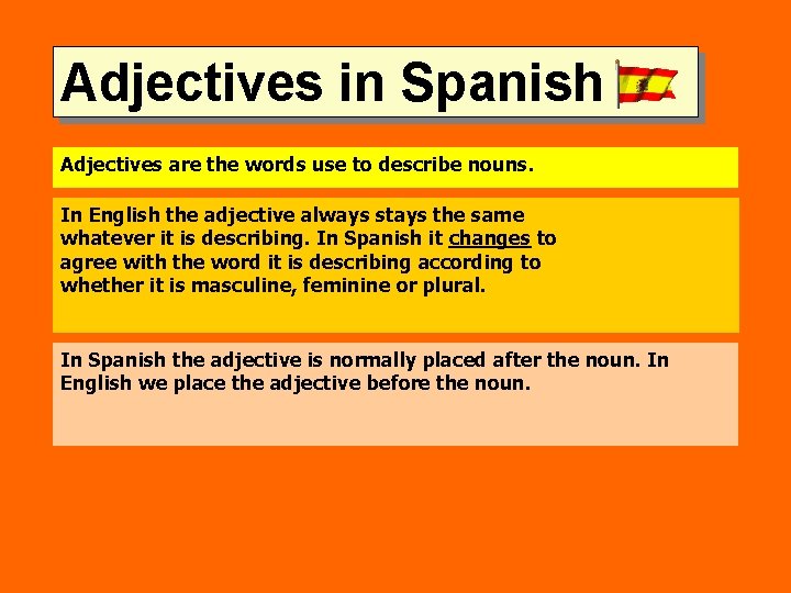 Adjectives in Spanish Adjectives are the words use to describe nouns. In English the