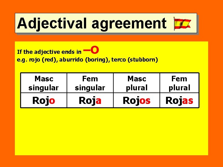 Adjectival agreement –O If the adjective ends in e. g. rojo (red), aburrido (boring),