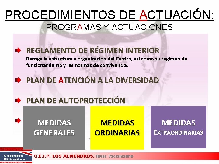 PROCEDIMIENTOS DE ACTUACIÓN: PROGRAMAS Y ACTUACIONES REGLAMENTO DE RÉGIMEN INTERIOR Recoge la estructura y