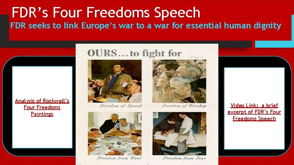 FDR’s Four Freedoms Speech FDR seeks to link Europe’s war to a war for