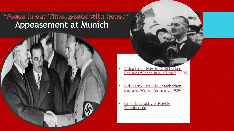 “Peace in our Time…peace with honor” Appeasement at Munich • Video Link: Neville Chamberlain