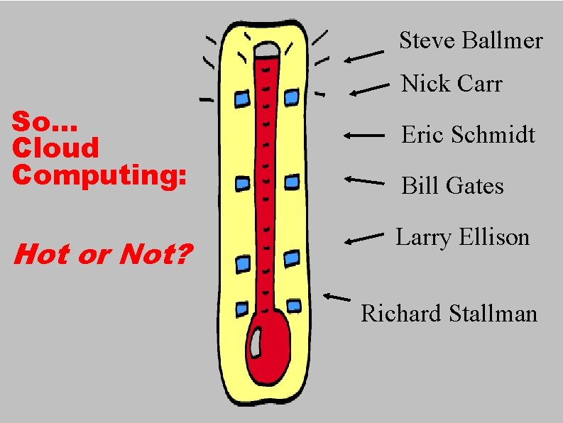 Steve Ballmer Nick Carr So. . . Cloud Computing: Hot or Not? Eric Schmidt