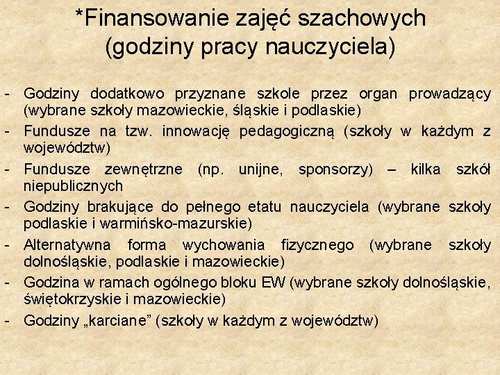 *Finansowanie zajęć szachowych (godziny pracy nauczyciela) - Godziny dodatkowo przyznane szkole przez organ prowadzący