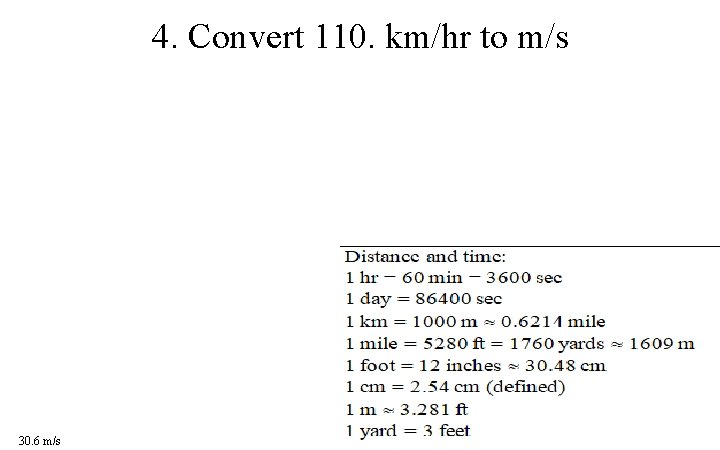 4. Convert 110. km/hr to m/s 30. 6 m/s 