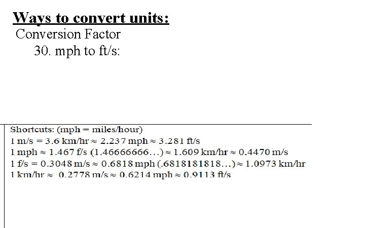Ways to convert units: Conversion Factor 30. mph to ft/s: 