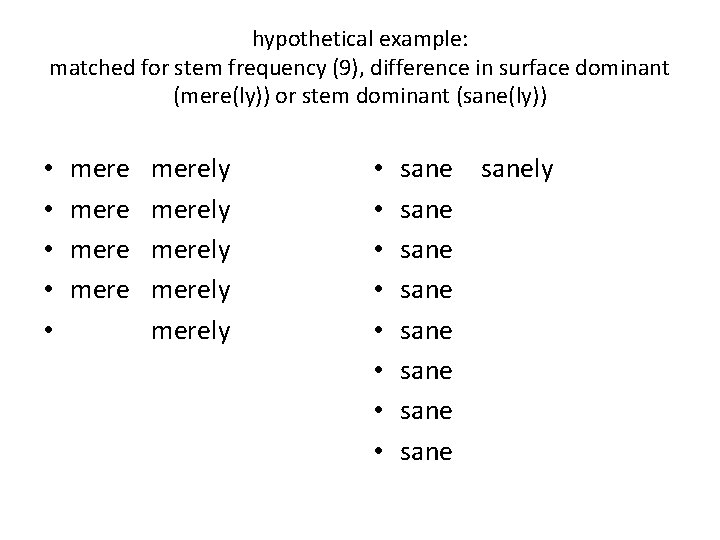 hypothetical example: matched for stem frequency (9), difference in surface dominant (mere(ly)) or stem