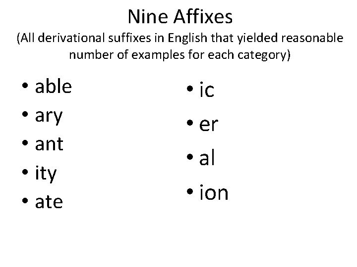 Nine Affixes (All derivational suffixes in English that yielded reasonable number of examples for