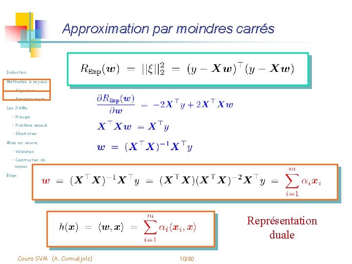 Approximation par moindres carrés Induction Méthodes à noyaux • Régression • Fonctions noyau Les