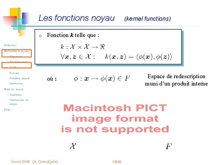 Les fonctions noyau m (kernel functions) Fonction k telle que : Induction Méthodes à