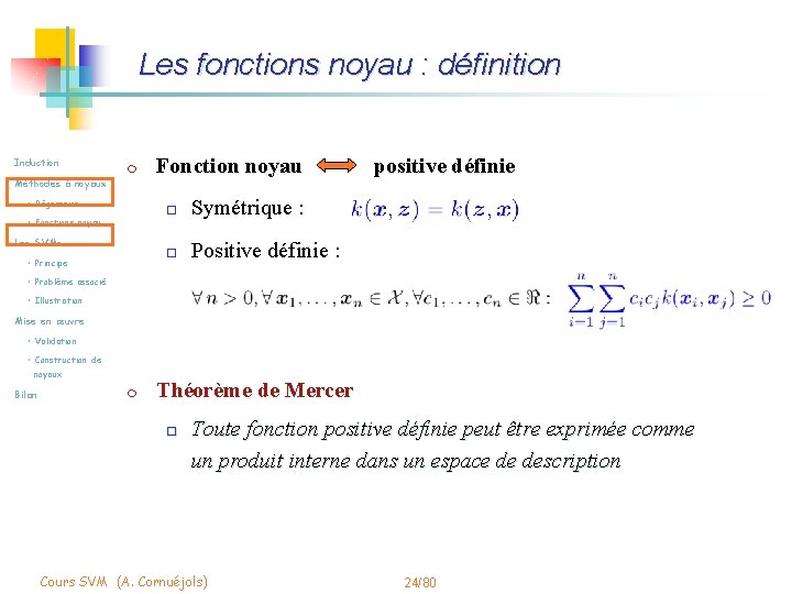 Les fonctions noyau : définition Induction m Méthodes à noyaux • Régression • Fonctions