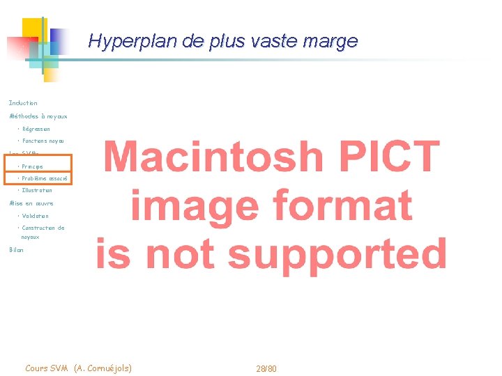 Hyperplan de plus vaste marge Induction Méthodes à noyaux • Régression • Fonctions noyau