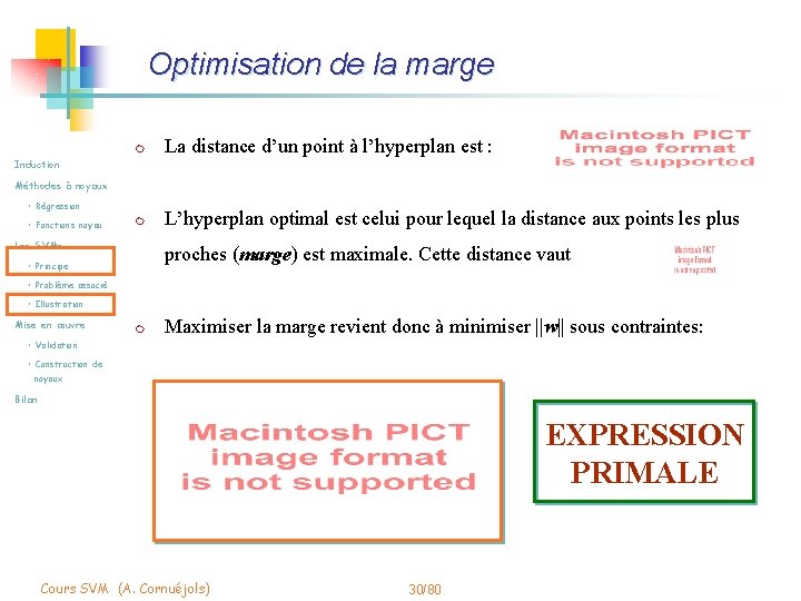 Optimisation de la marge m La distance d’un point à l’hyperplan est : m