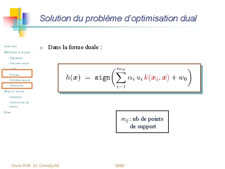 Solution du problème d’optimisation dual Induction Méthodes à noyaux m Dans la forme duale