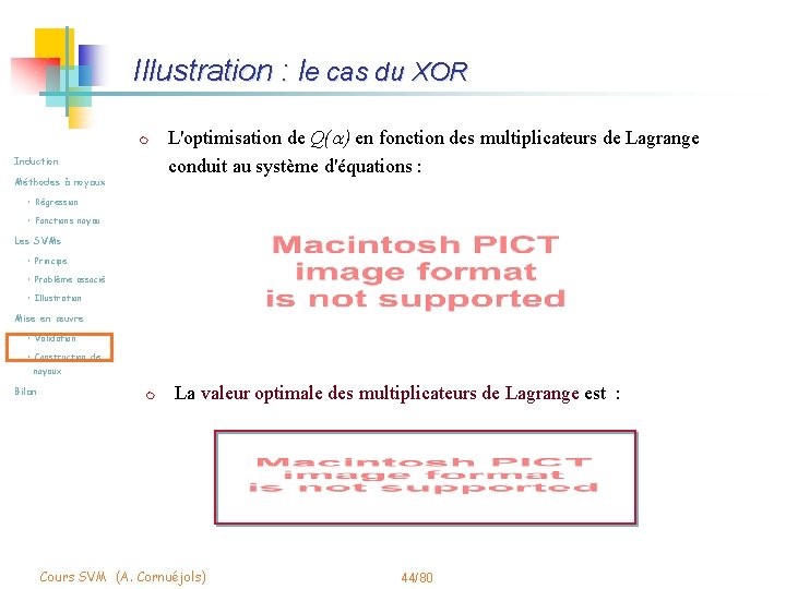 Illustration : le cas du XOR m Induction Méthodes à noyaux L'optimisation de Q(a)