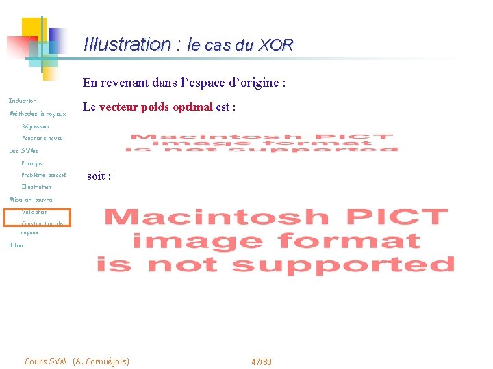 Illustration : le cas du XOR En revenant dans l’espace d’origine : Induction Méthodes