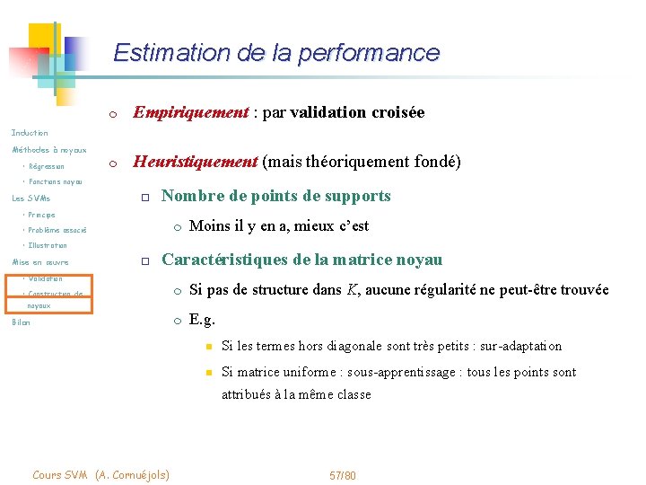 Estimation de la performance m Empiriquement : par validation croisée m Heuristiquement (mais théoriquement