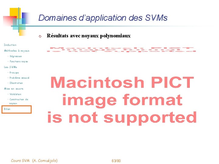 Domaines d’application des SVMs m Résultats avec noyaux polynomiaux Induction Méthodes à noyaux •