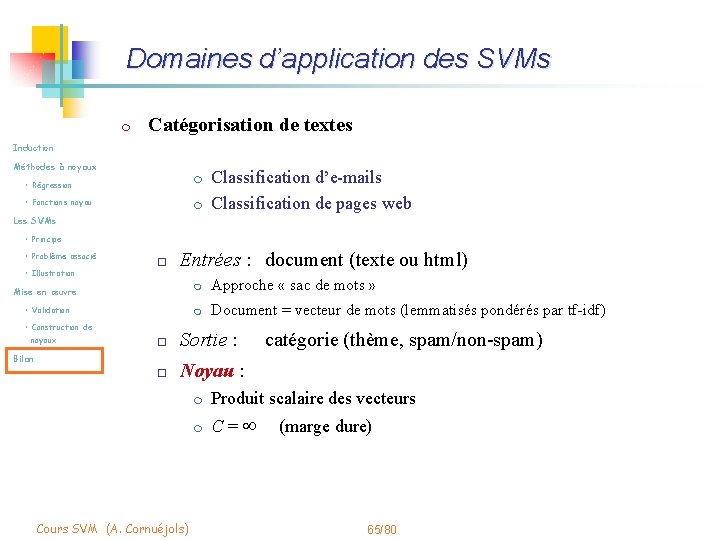 Domaines d’application des SVMs m Catégorisation de textes Induction Méthodes à noyaux m •