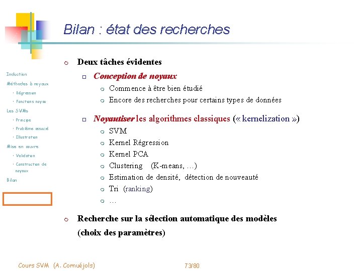 Bilan : état des recherches m Induction Deux tâches évidentes o Méthodes à noyaux