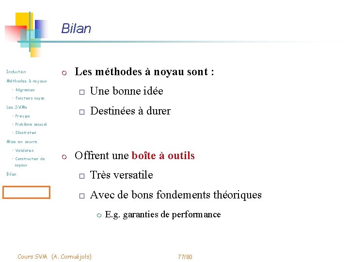 Bilan Induction m Méthodes à noyaux • Régression • Fonctions noyau Les SVMs •