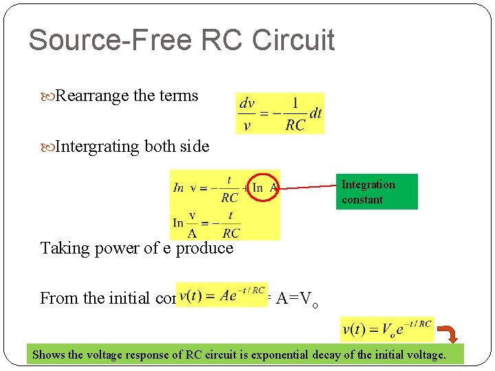 Source-Free RC Circuit Rearrange the terms Intergrating both side Integration constant Taking power of