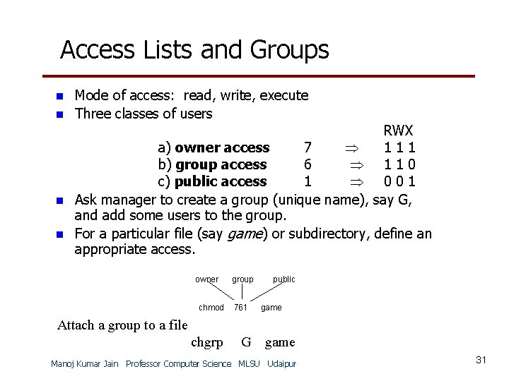 Access Lists and Groups n n Mode of access: read, write, execute Three classes