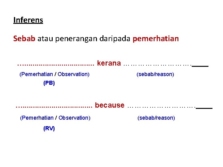 Inferens Sebab atau penerangan daripada pemerhatian …. . . . kerana ……………. (Pemerhatian /