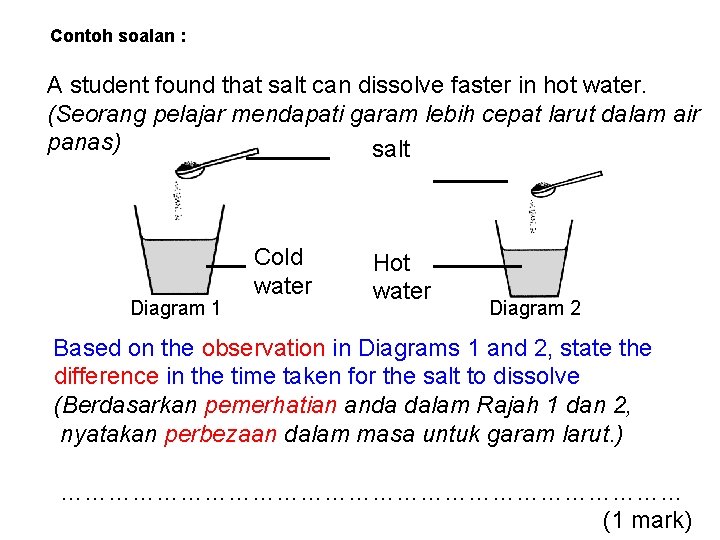 Contoh soalan : A student found that salt can dissolve faster in hot water.