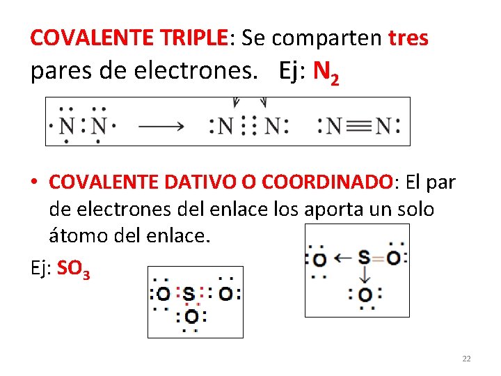 COVALENTE TRIPLE: Se comparten tres pares de electrones. Ej: N 2 • COVALENTE DATIVO