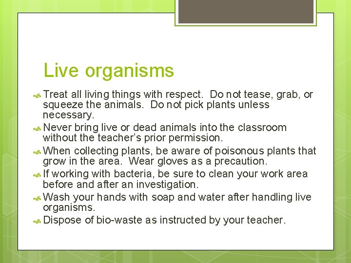 Live organisms Treat all living things with respect. Do not tease, grab, or squeeze