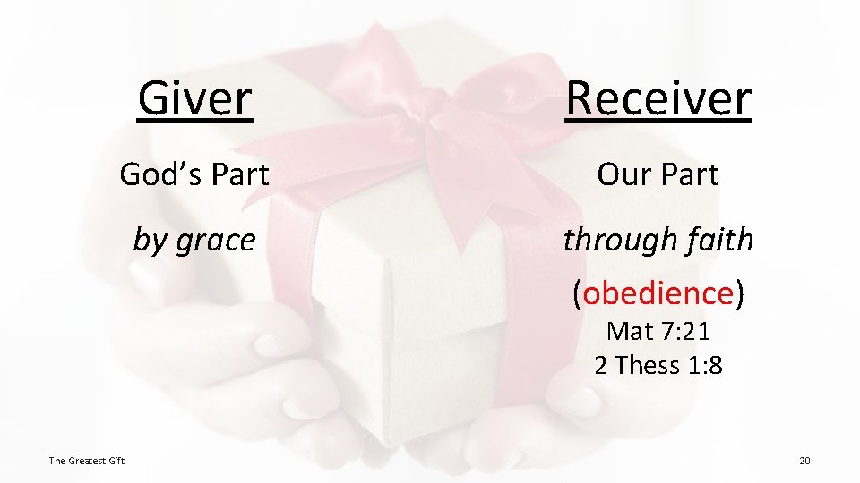 Giver Receiver God’s Part Our Part by grace through faith (obedience) Mat 7: 21